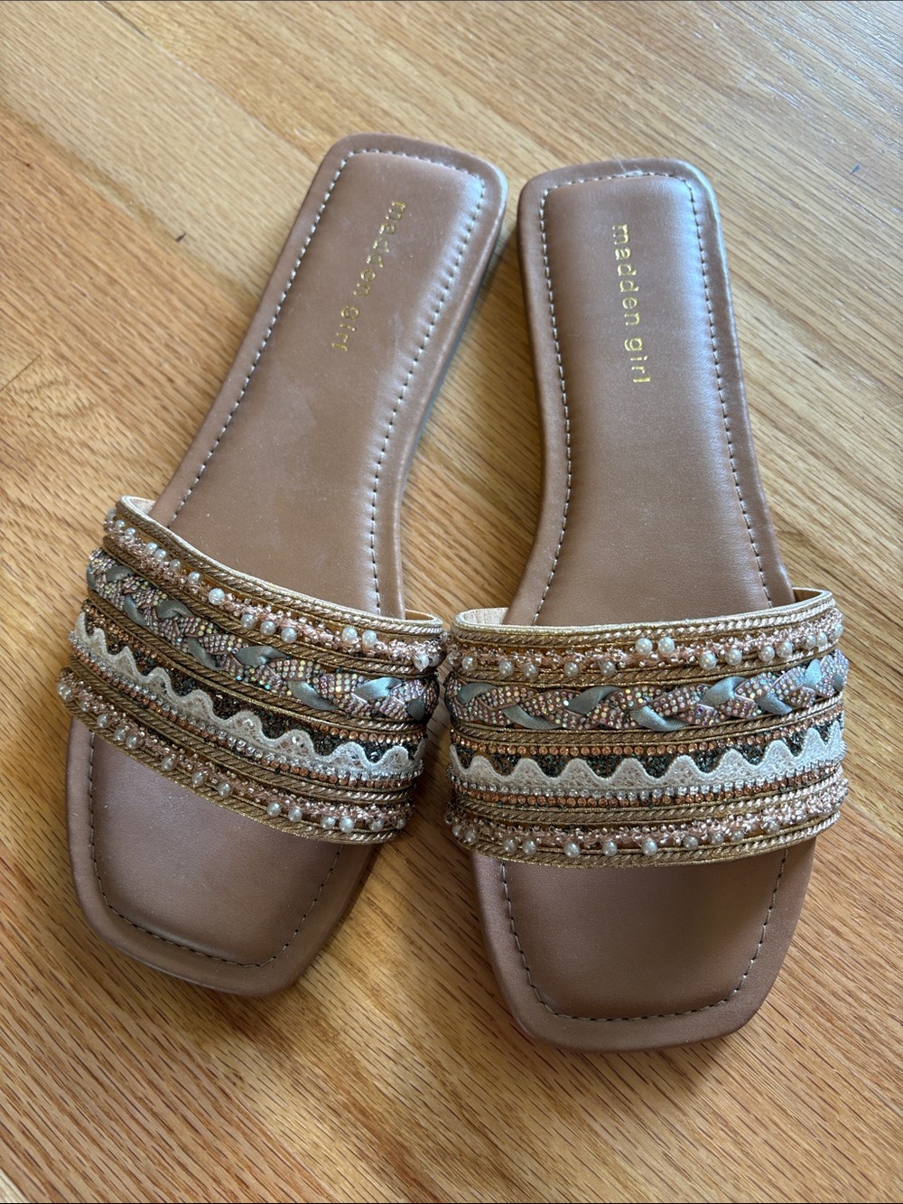 Madden Girl Tan and Light Blue Beaded Slide Sandals - Picture 4 of 5
